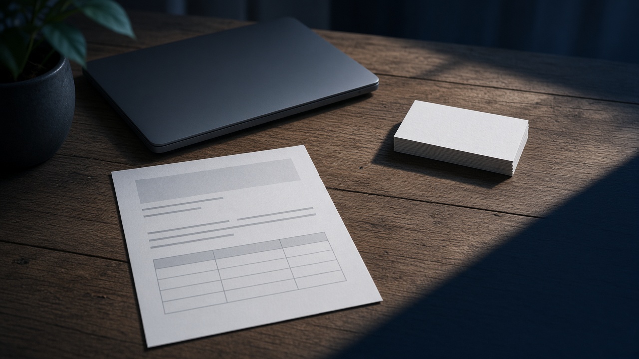 A desk with a laptop, a blank invoice, and cards laid out like a pipeline