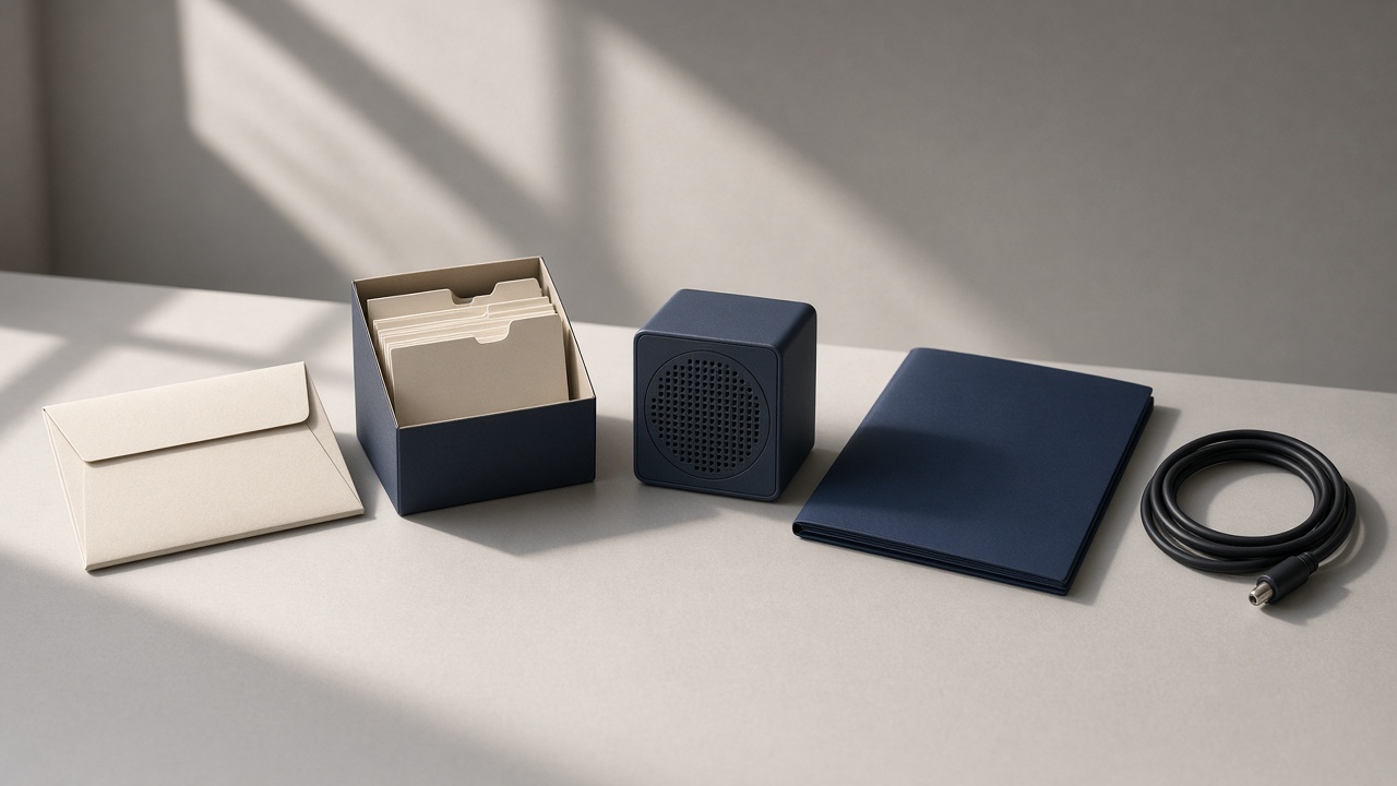 Five unlabeled desk objects standing in for email, records, campaigns, files, and automation