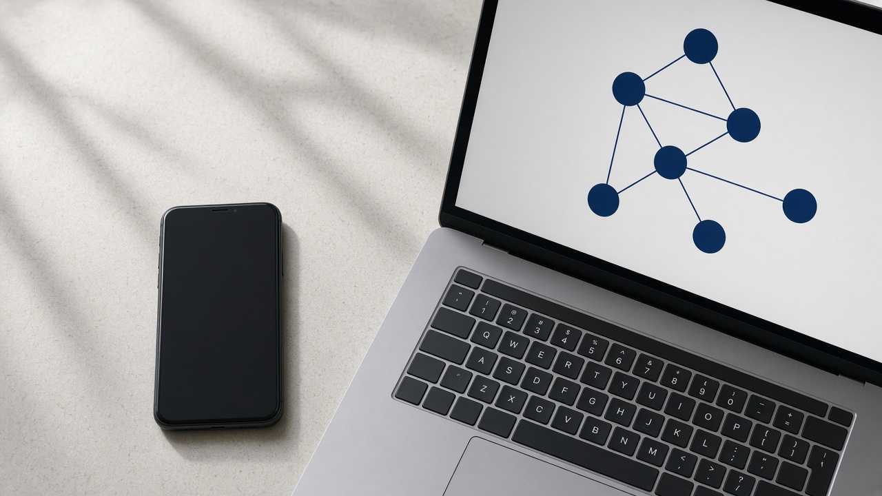 A phone beside a laptop showing an abstract workflow of connected nodes