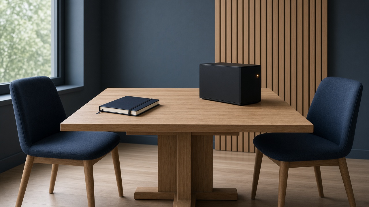 A meeting table with a notebook on one side and a small server on the other
